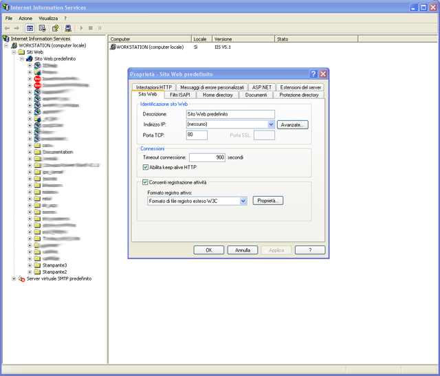 la schermata principale di IIS